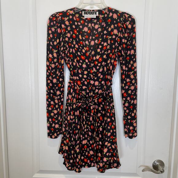 Rotate Birger Christensen Emma Dress Floral Long Sleeve Tie Belt Black Mini 2‎ - Picture 2 of 6